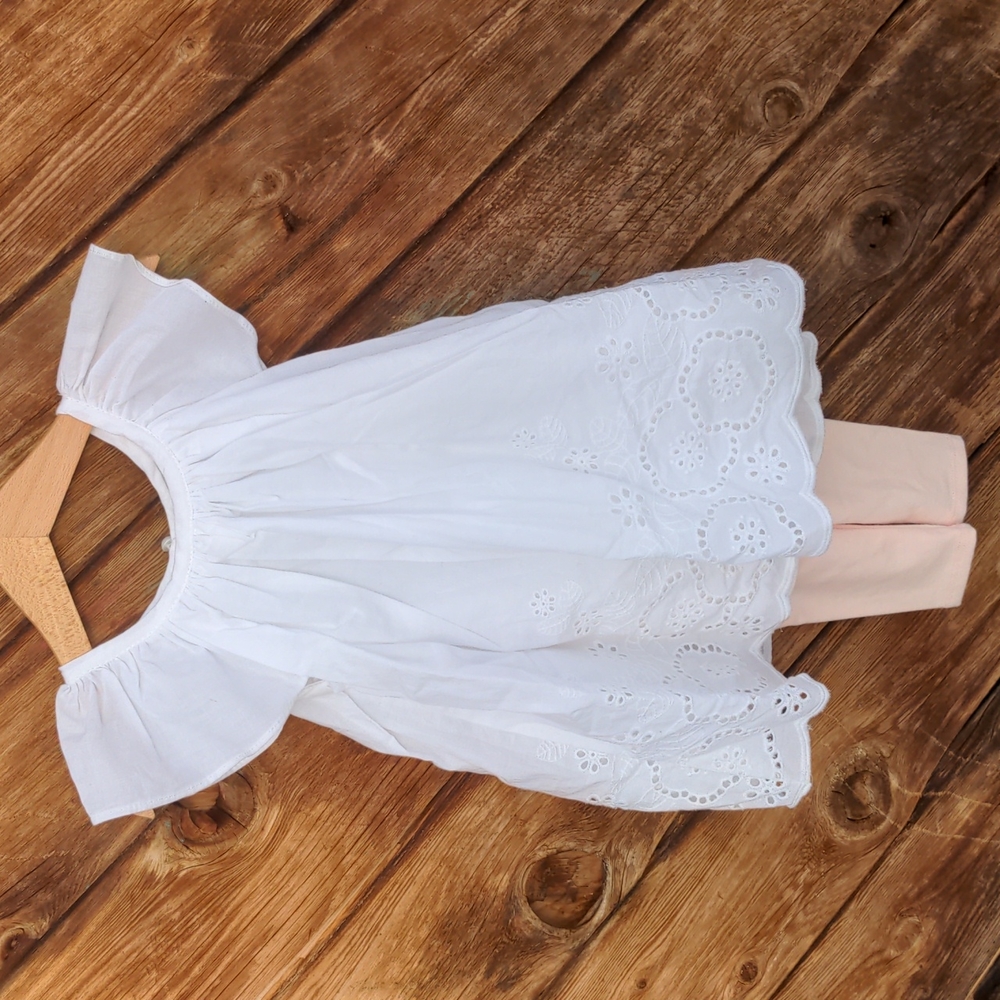 Tahari Dress white baby eyelet set pink leggings 6-9m
